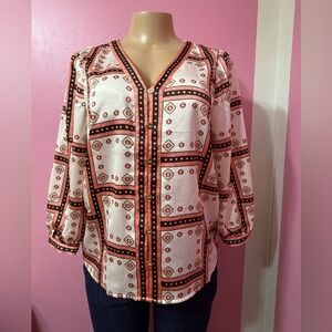 LOFT Pink and Black Patterned Blouse women's long sleeve size. S